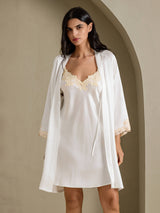 [White] SilkSilky-CA 3/4 Sleeve V Neck Nightgown&Robe Set 003