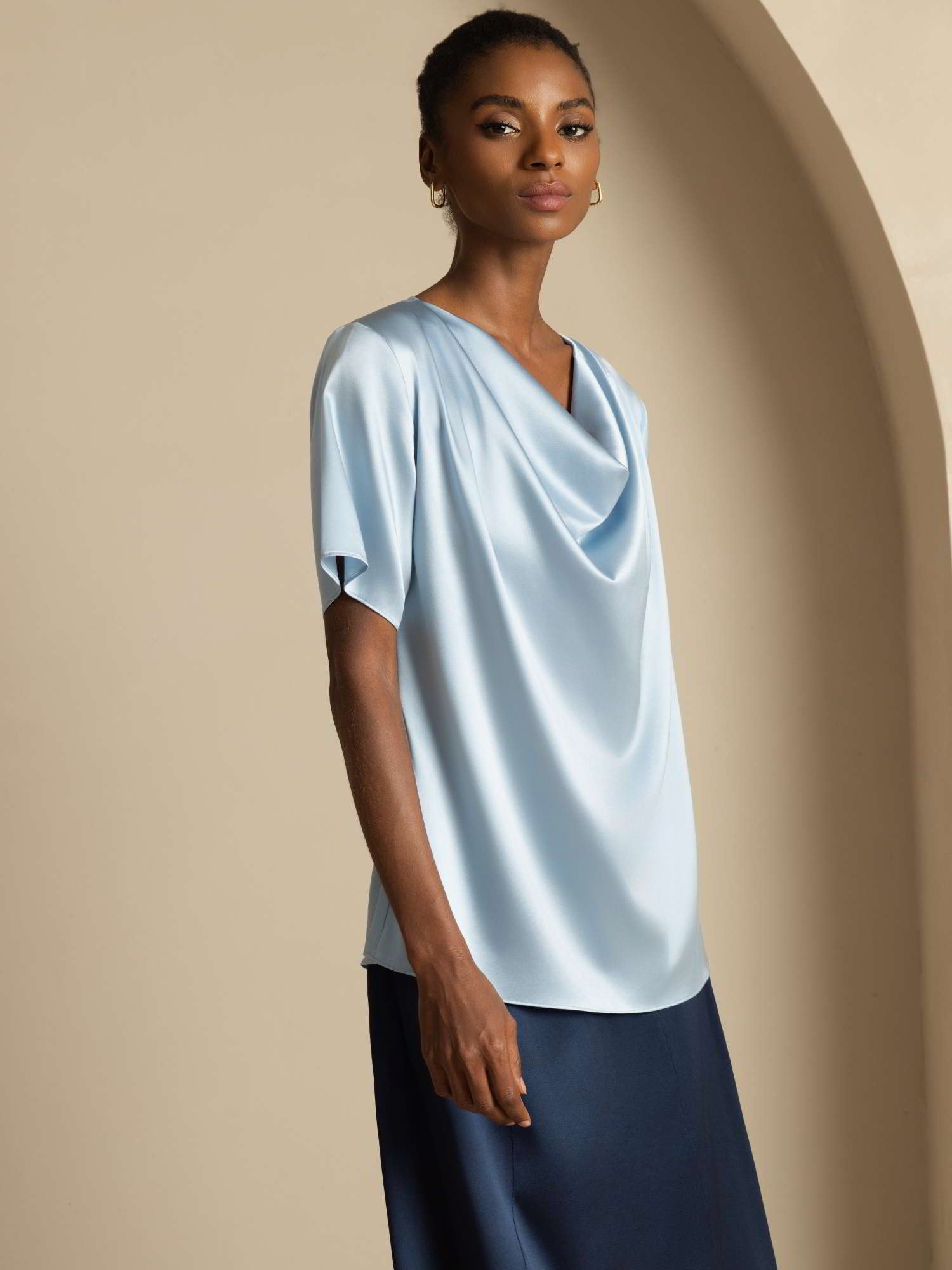 [Grayish Blue] SilkSilky-CA 19Momme Silk Short Sleeve Cowl Neck Blouse 006