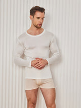 [White] SilkSilky-CA Long Sleeve Round Neck Men's T-Shirt 001