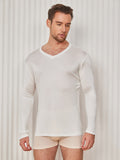 SilkSilky CA Silk Knitted Long Sleeve V Neck Men's T Shirt White 003