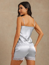 [Grayish Blue] SilkSilky-CA Spaghetti Strap V Neck Camisole Set 002