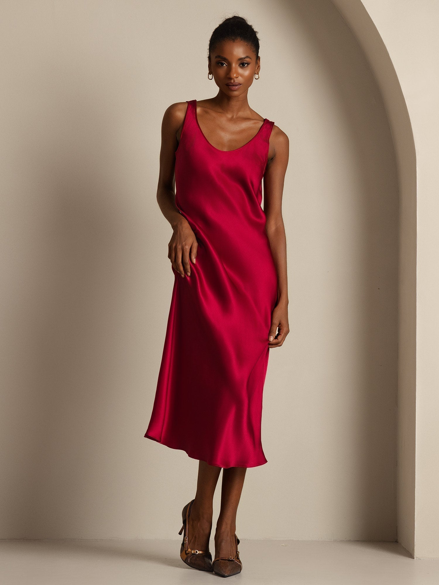 [Wine] SilkSilky-CA Pure Silk Boat Neck Dress 001,