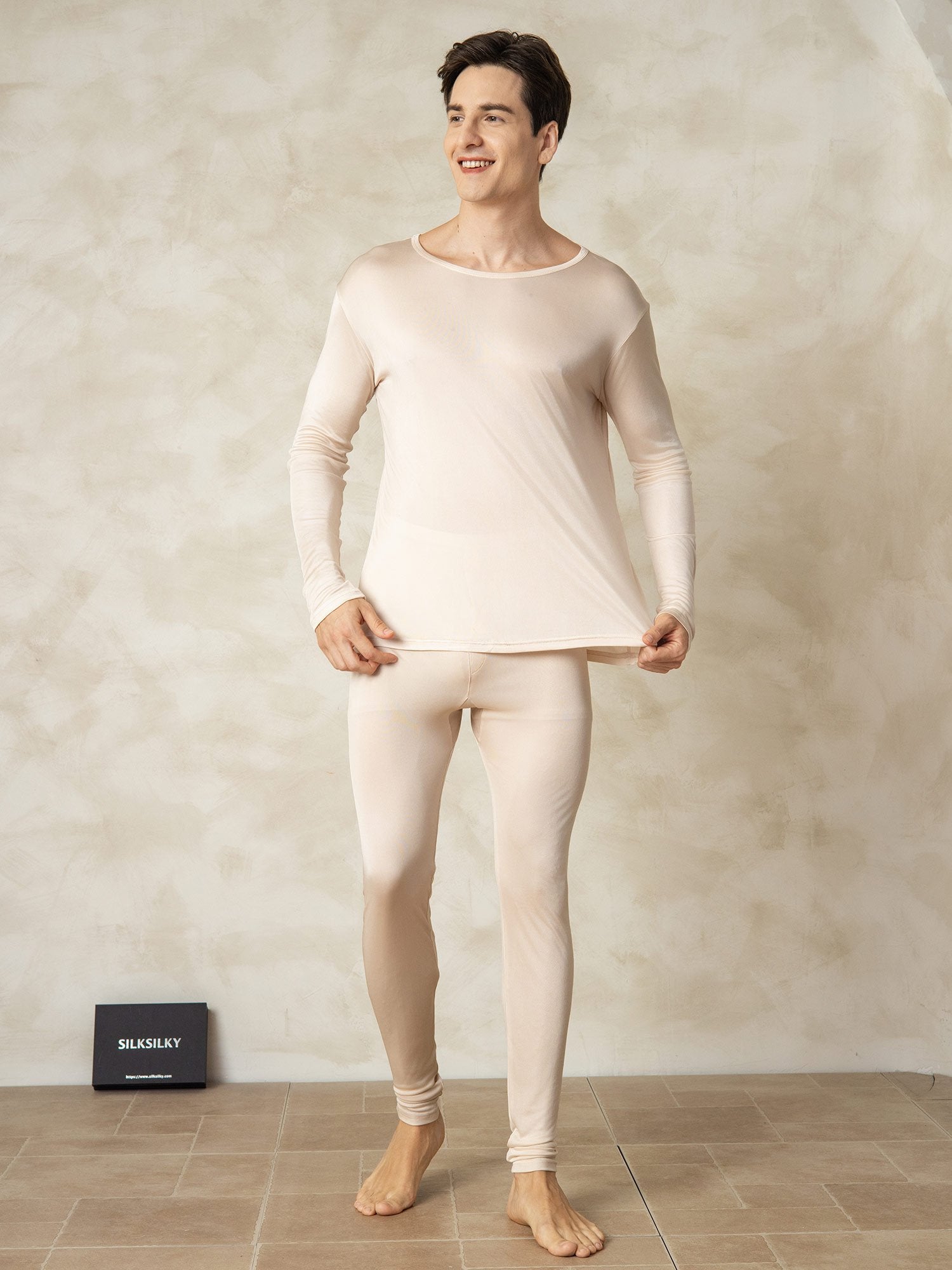 [Tan] SilkSilky-CA Silk Knitted Round Neck Men's Pajamas 003