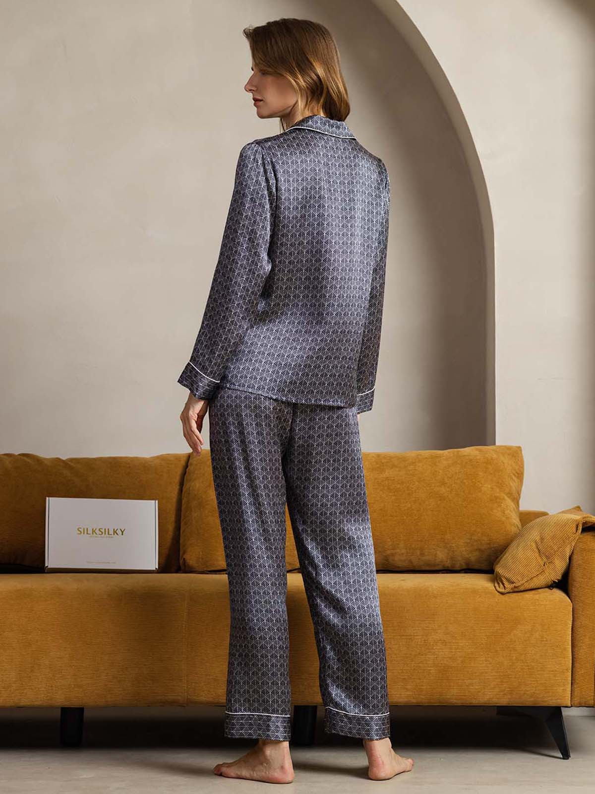 [Navy Ginkgo] SilkSilky-CA Pure Silk Womens Pajamas 002