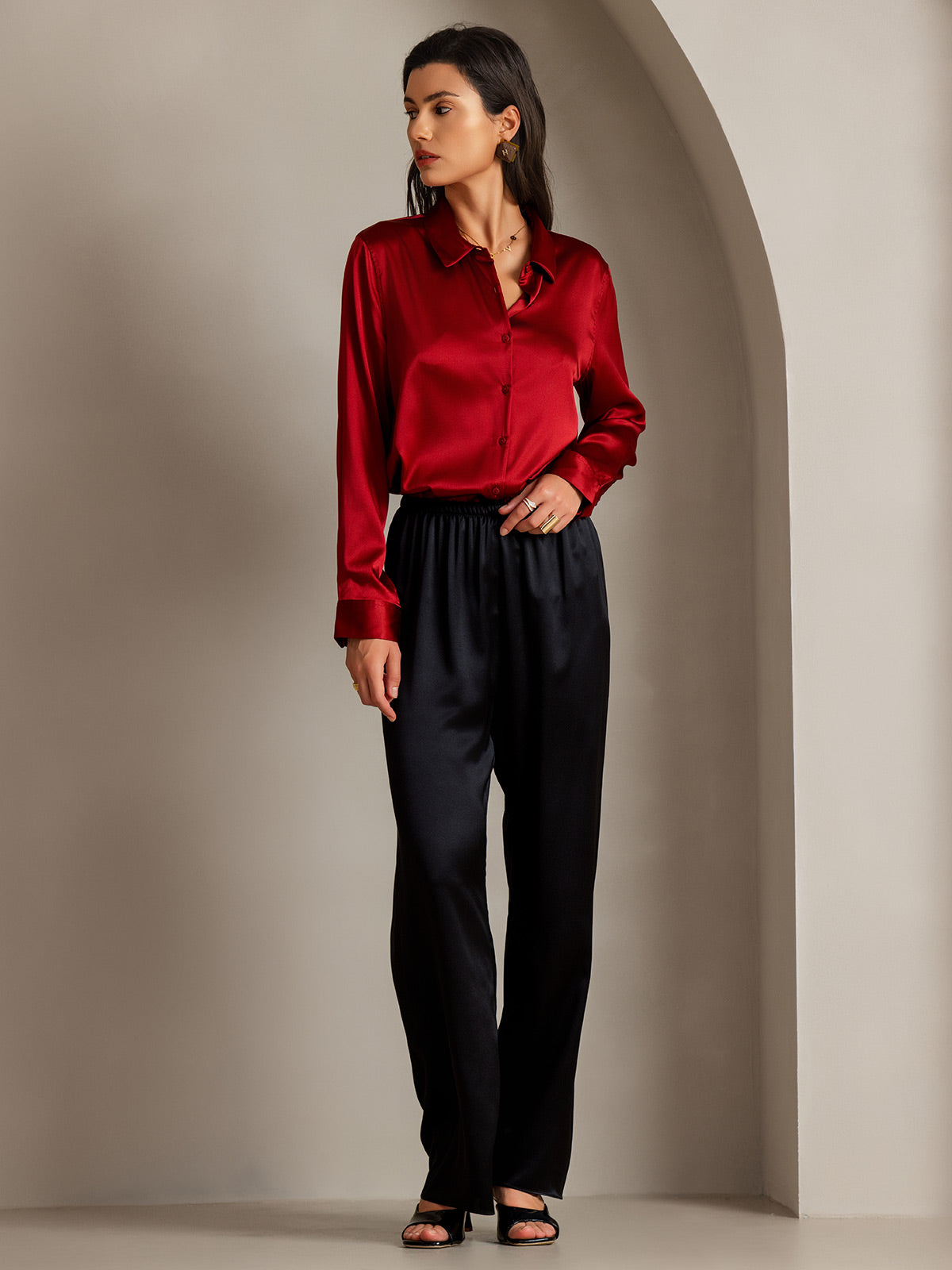 [Red] SilkSilky-CA Silk Long Sleeve Lapel Collar Women's Shirt 006