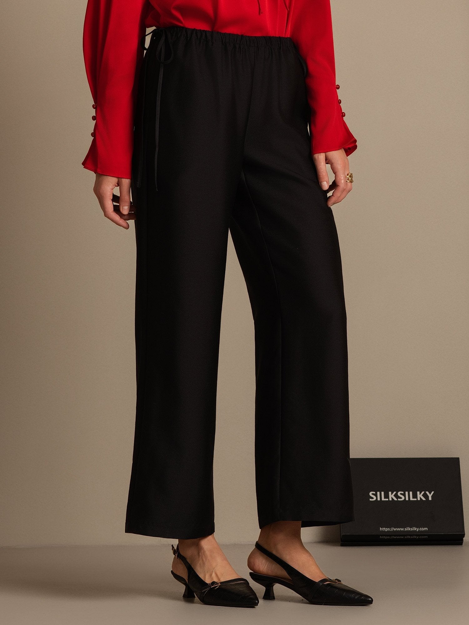 [Black] SilkSilky-CA 32Momme Silk-Wool Blend Womens Pants 006,
