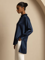 [Dark Blue] SilkSilky-CA 19Momme Stretch Silk Charmeuse Long Sleeve Stand Collar Blouse 003