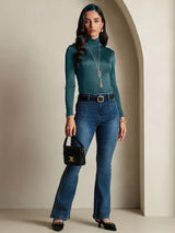 [Dark Green] SilkSilky-CA Silk Jersey Long Sleeve Turtle Neck Women's T-Shirt 007