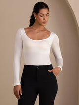 [White] SilkSilky-CA Long Sleeve U Neck Women's T-Shirt 003
