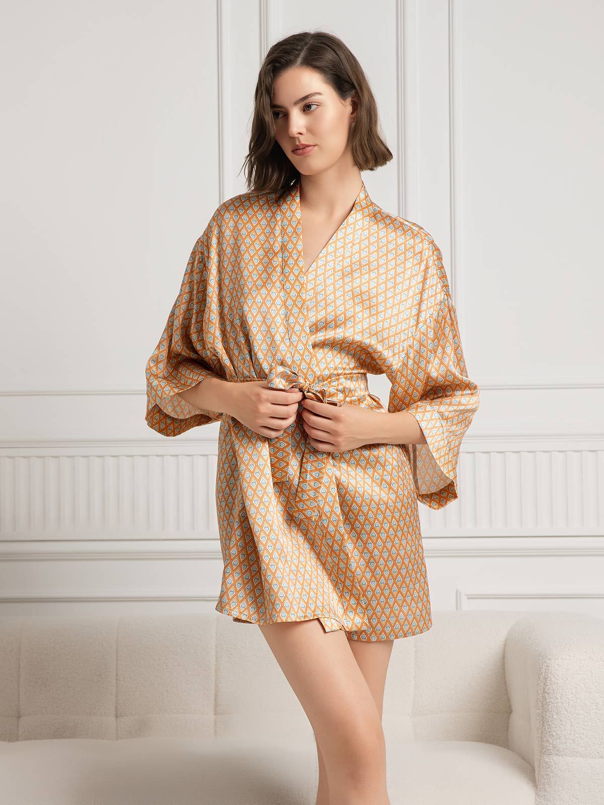 SilkSilky-CA Pure Silk 3/4 Sleeve V Neck Women's Robe Champagne 003