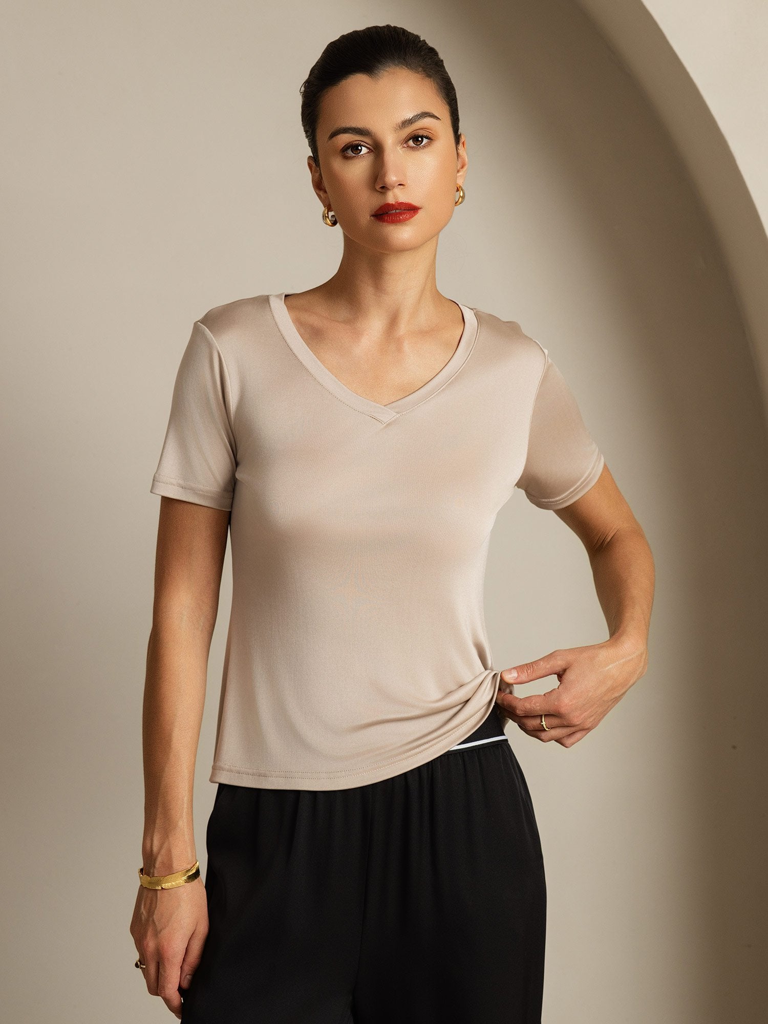 [LightKhaki] SilkSilky-CA Pure Silk V Neck Women's T-Shirt 003