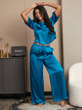 SilkSilky CA Pure Silk Half Sleeve Round Neck Women's Pajamas Teal 001