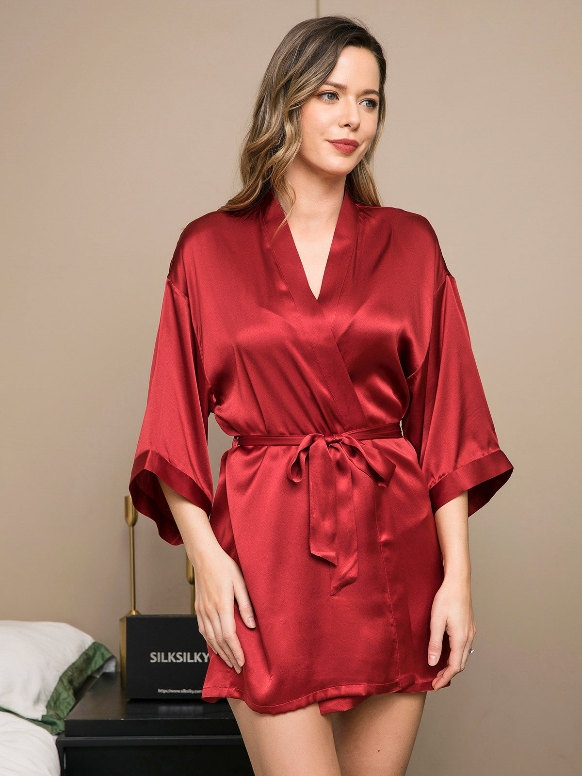 [Wine] SilkSilky-CA Pure Silk 3/4 Sleeve Wrap Women's Robe 004