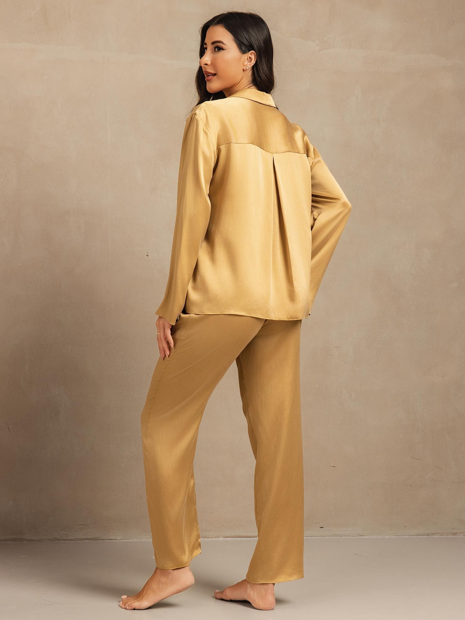 [Tan] SilkSilky-CA 19Momme Machine-Washable Silk Long Sleeve Notch Collar Women's Pajamas 002