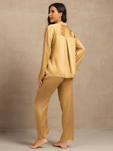 [Tan] SilkSilky-CA 19Momme Machine-Washable Silk Long Sleeve Notch Collar Women's Pajamas 002