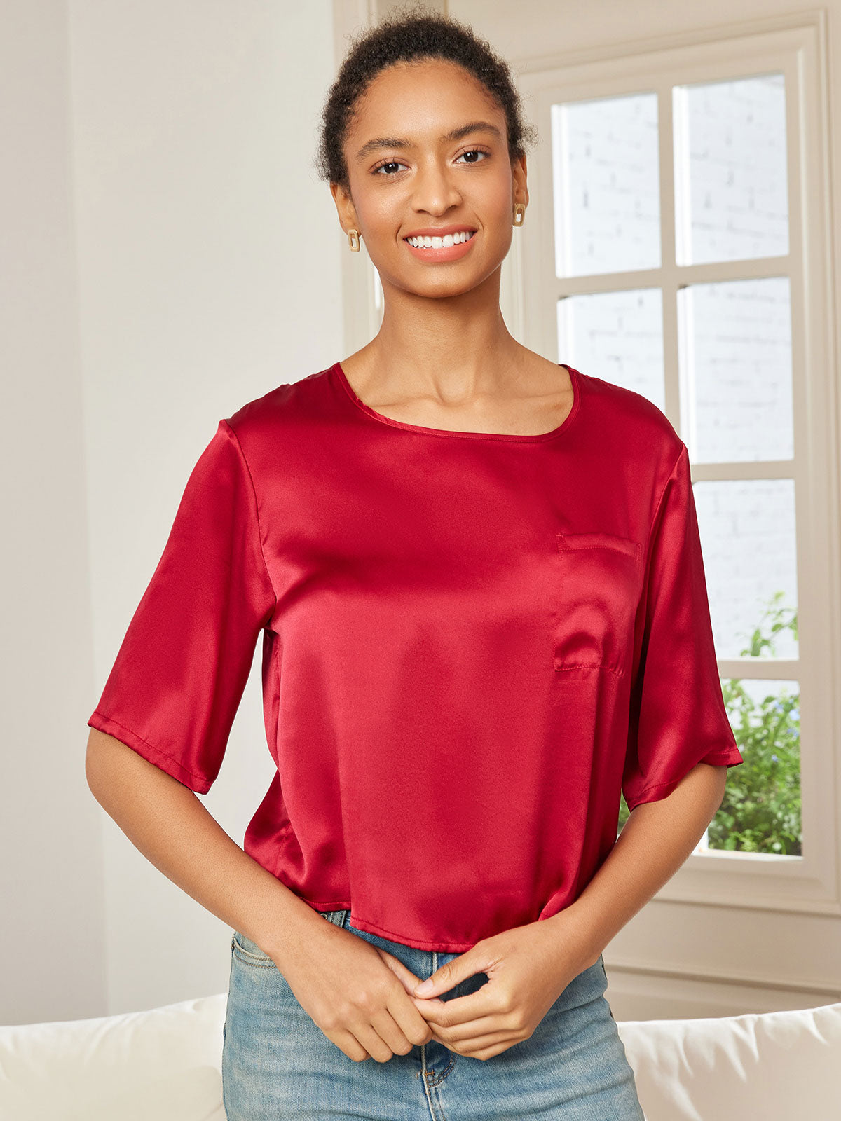 SilkSilky CA Pure Silk Half Sleeve Boat Neck Women's T Shirt DarkRed 001