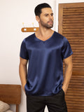 SilkSilky CA Pure Silk Short Sleeve V Neck Men's T Shirt DarkBlue 001