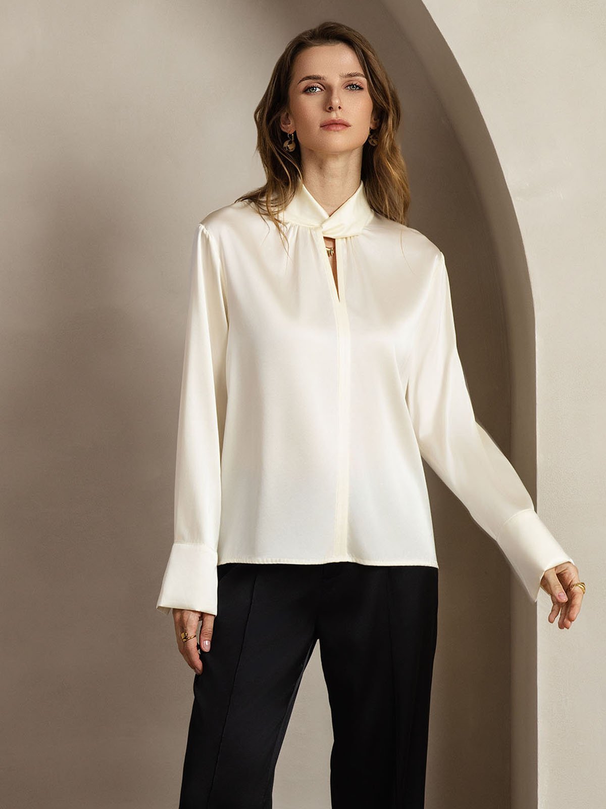 [Ivory] SilkSilky-CA 19Momme Silk Keyhole Neck Women's Shirt 009