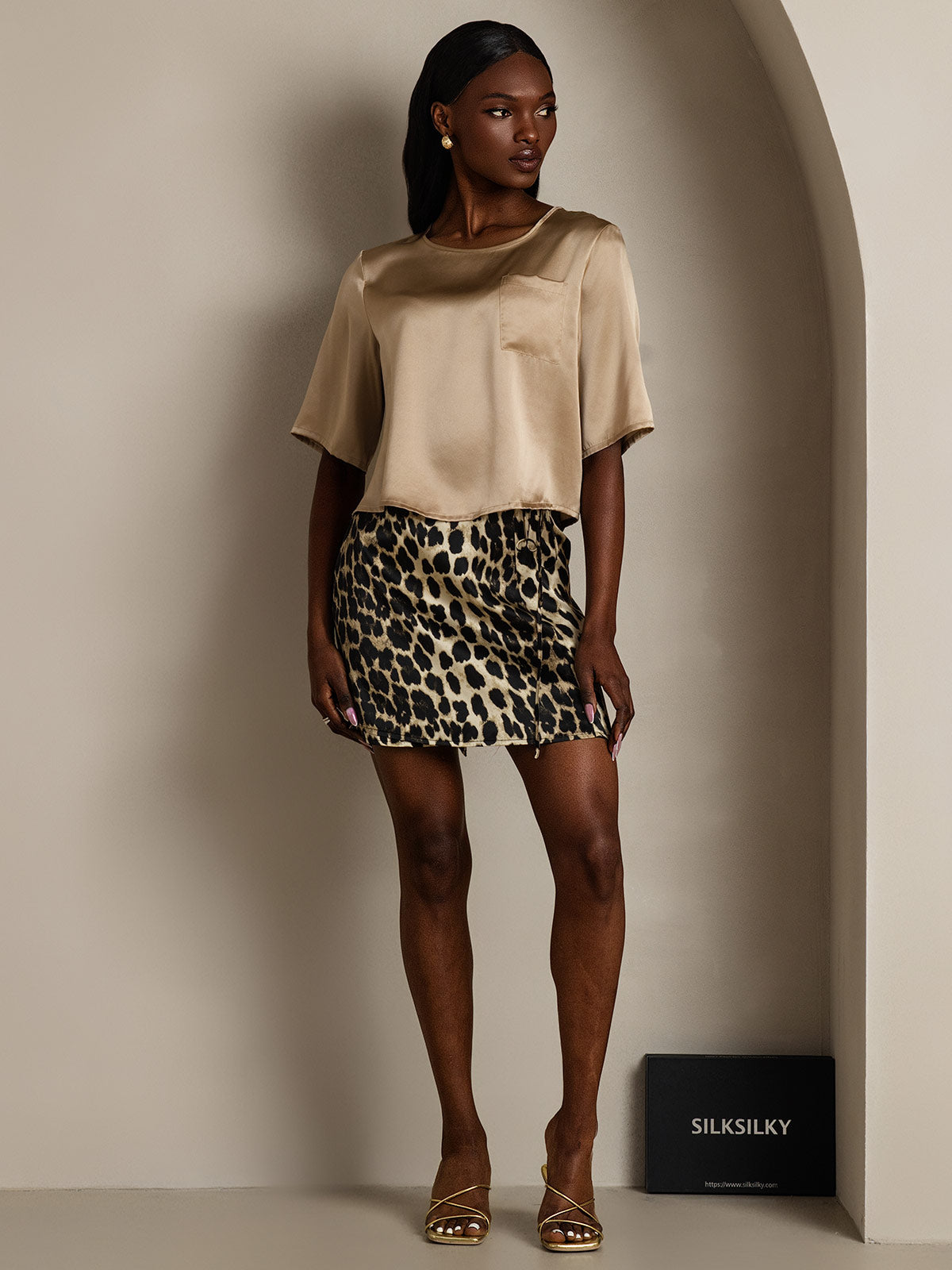 [Champagne] SilkSilky-CA Pure Silk Boat Neck Women's T-Shirt 006