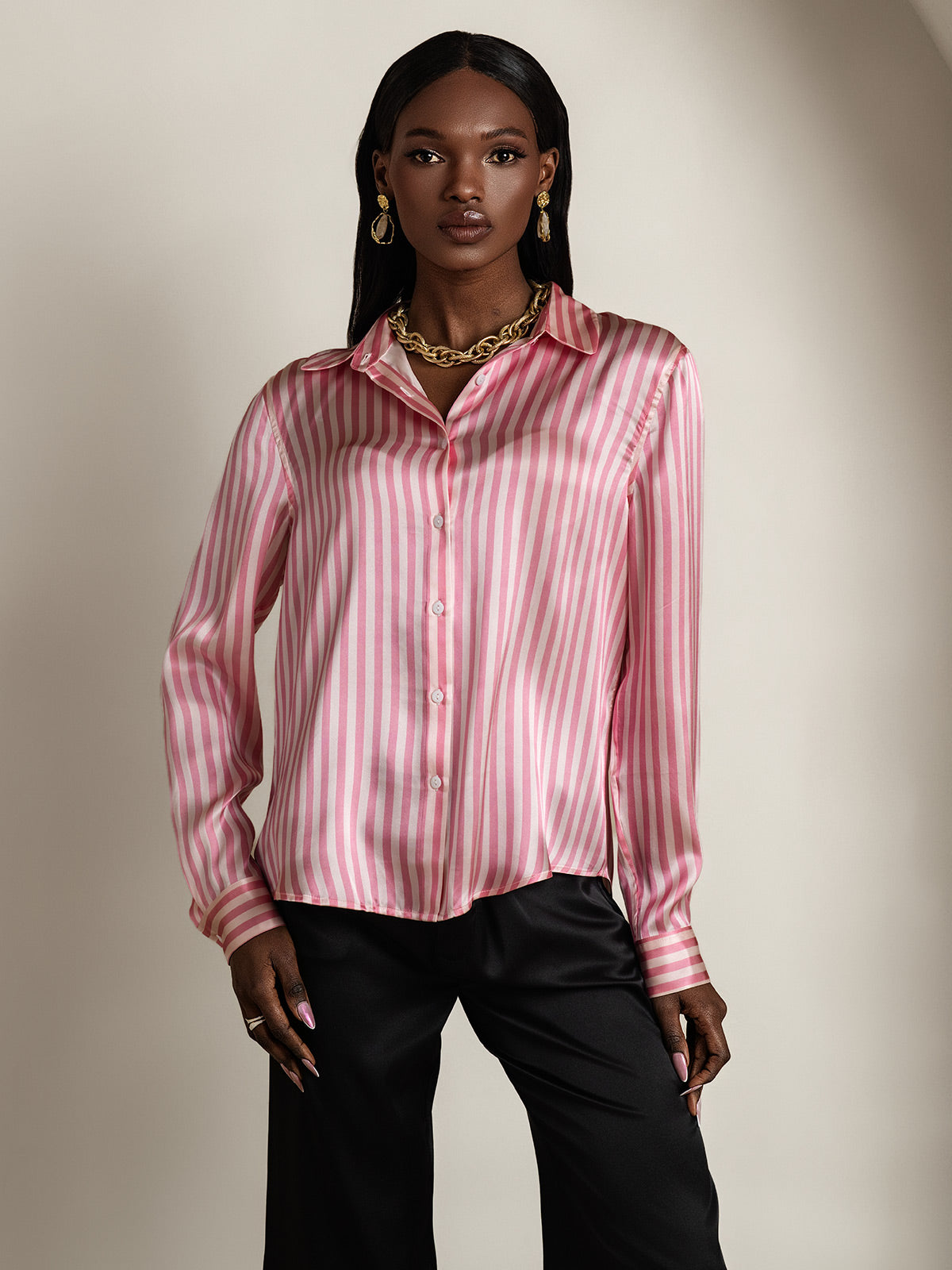 [Pink Stripe] SilkSilky-CA Silk Long Sleeve Lapel Collar Women's Shirt 006