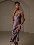 SilkSilky-CA Pure Silk Deep V Neck Dress PurpleGray 007