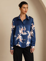 [Dark Blue] SilkSilky-CA Long Sleeve Lapel Collar Women's Shirt 004