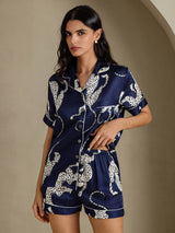 [Navy Cheetah] SilkSilky-CA Short Sleeve Notch Collar Women's Pajamas 005