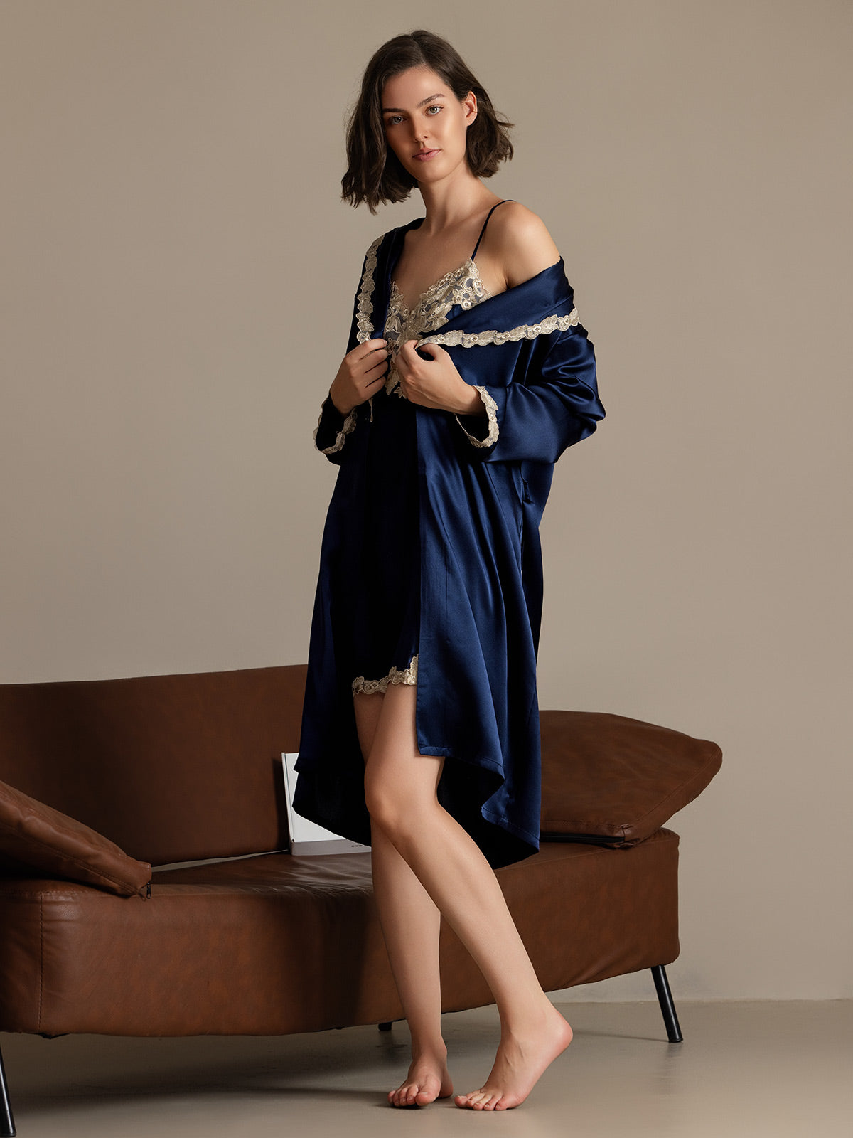 SilkSilky-CA Pure Silk Long Sleeve V Neck Nightgown&Robe Set DarkBlue 005