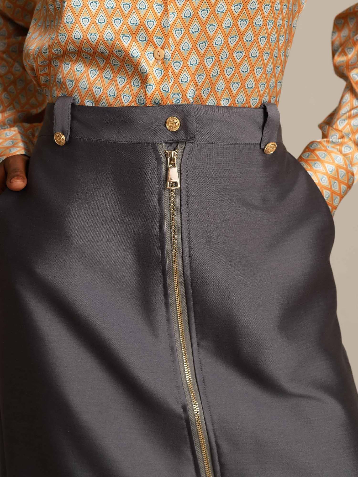 [Gray] SilkSilky-CA 32Momme Silk-Wool Blend Split Skirt 004,