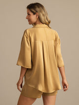 [Tan] SilkSilky-CA 19Momme Machine-Washable Silk Half Sleeve Notch Collar Women's Pajamas 002
