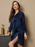 SilkSilky CA Pure Silk 3/4 Sleeve Lapel Nightshirt DarkBlue 002