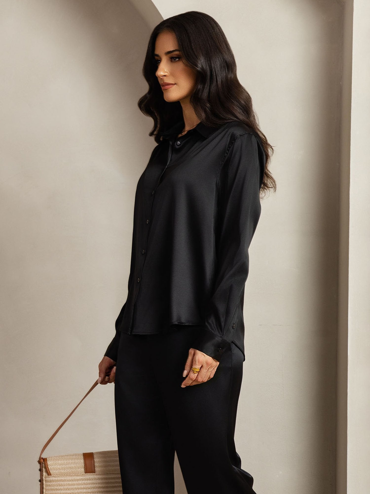[Black] SilkSilky-CA 19Momme Silk Lapel Collar Women''s Outfit Sets 006