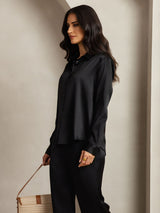 [Black] SilkSilky-CA 19Momme Silk Lapel Collar Women''s Outfit Sets 006,