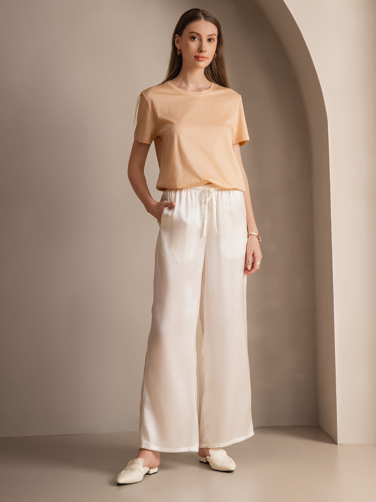 [White] SilkSilky-CA Pure Silk Womens Pants 002