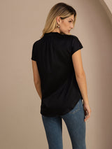 [Black] SilkSilky-CA Short Sleeve Split Women's Blouse 002