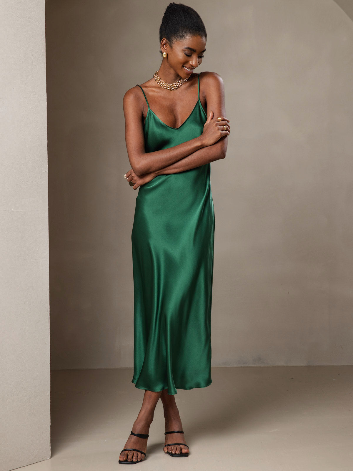 SilkSilky-CA Pure Silk Sleeveless Round Neck Dress Green 005