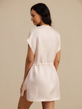 [Pink] SilkSilky-CA 18Momme Silk Satin Surah Cap Sleeve Henley Neck Dress 002