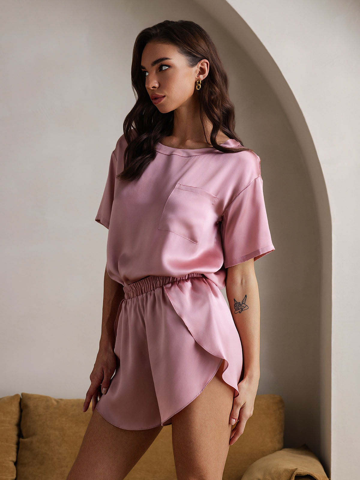 [Pale Mauve] SilkSilky-CA Pure Silk Round Neck Women's Pajamas 001