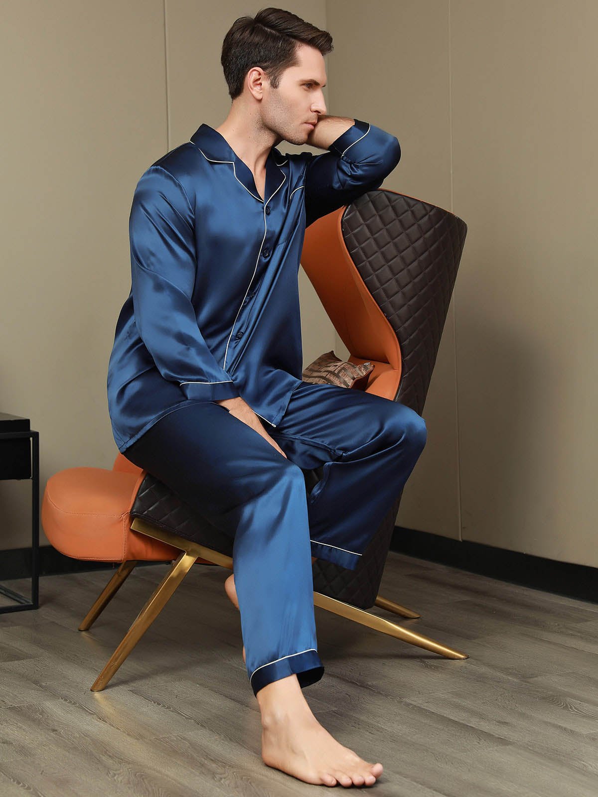 SilkSilky-CA Pure Silk Long Sleeve Lapel Men's Pajamas DarkBlue 008