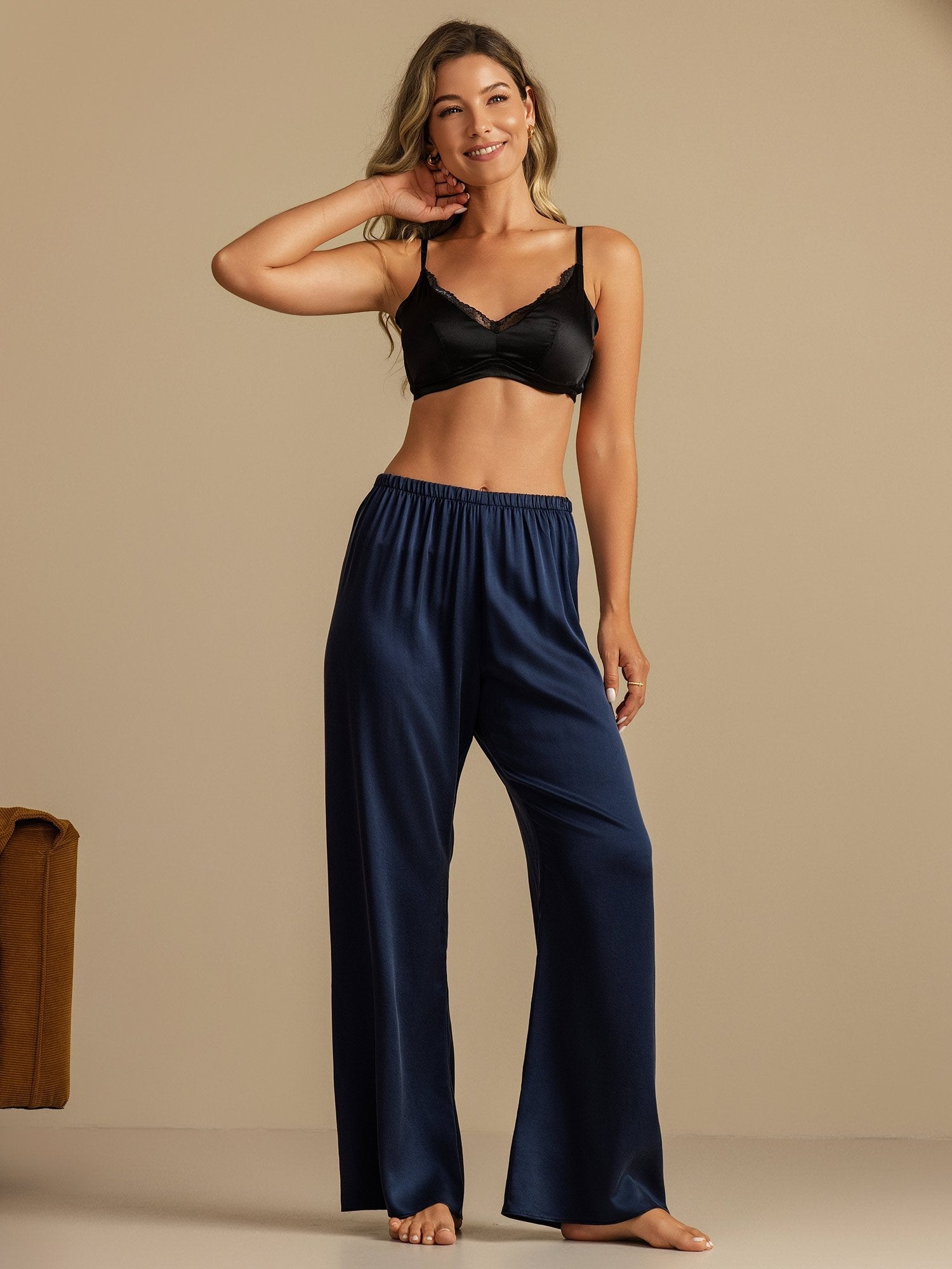 [Dark Blue] SilkSilky-CA 19Momme Machine-Washable Silk Women's Sleep Pants 008
