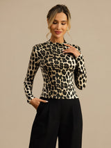 [Leopard] SilkSilky-CA 100% Silk Jersey Long Sleeve Mock Neck Women's T-Shirt 005
