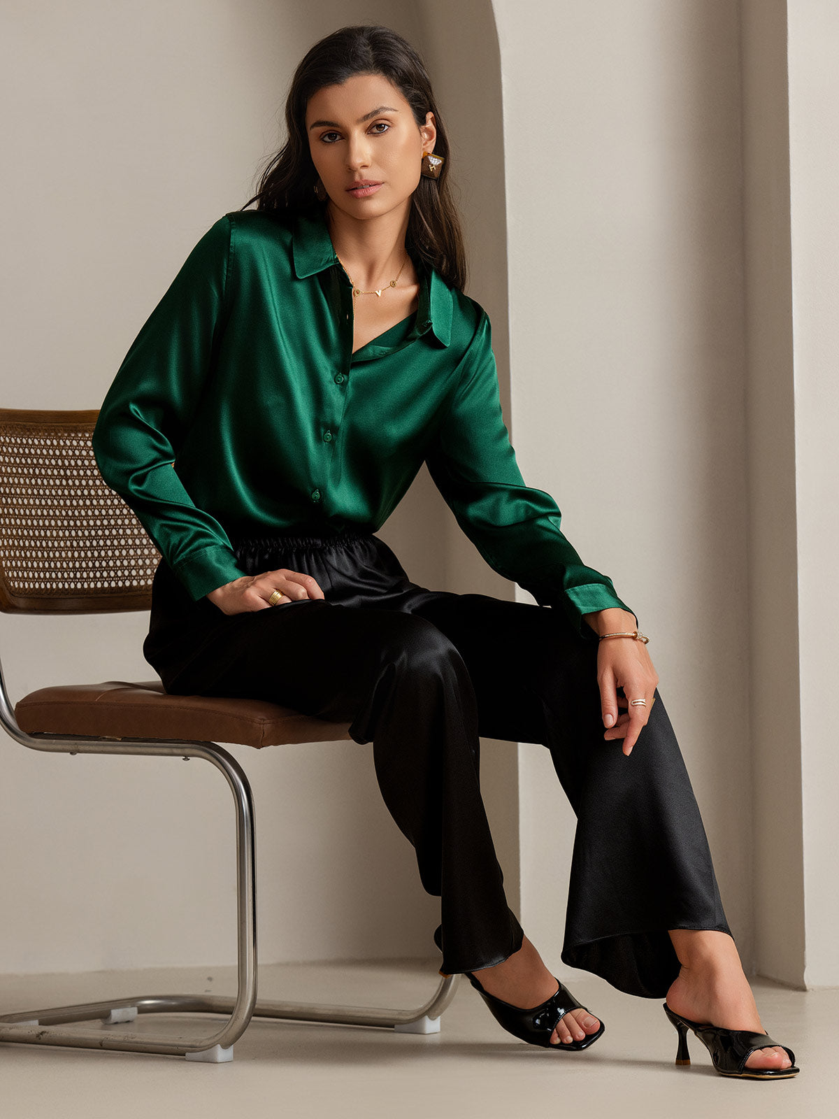 [Dark Green] SilkSilky-CA Silk Long Sleeve Lapel Collar Women's Shirt 001