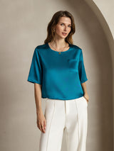 [Teal] SilkSilky-CA Half Sleeve Scoop Neck Women's T-Shirt 004