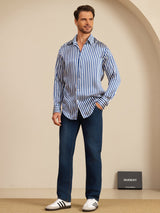 [Navy Stripe] SilkSilky-CA 19Momme Stretch Silk Charmeuse Long Sleeve Lapel Collar Men's Shirt 007
