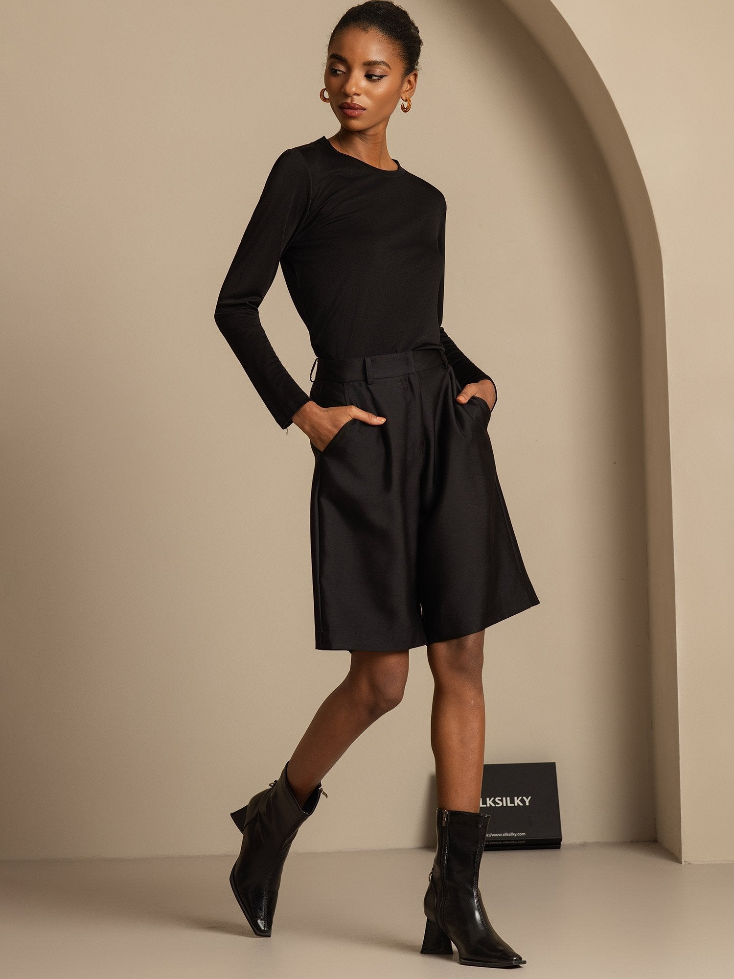 [Black] SilkSilky-CA 32Momme Silk-Wool Blend Womens Shorts 006,