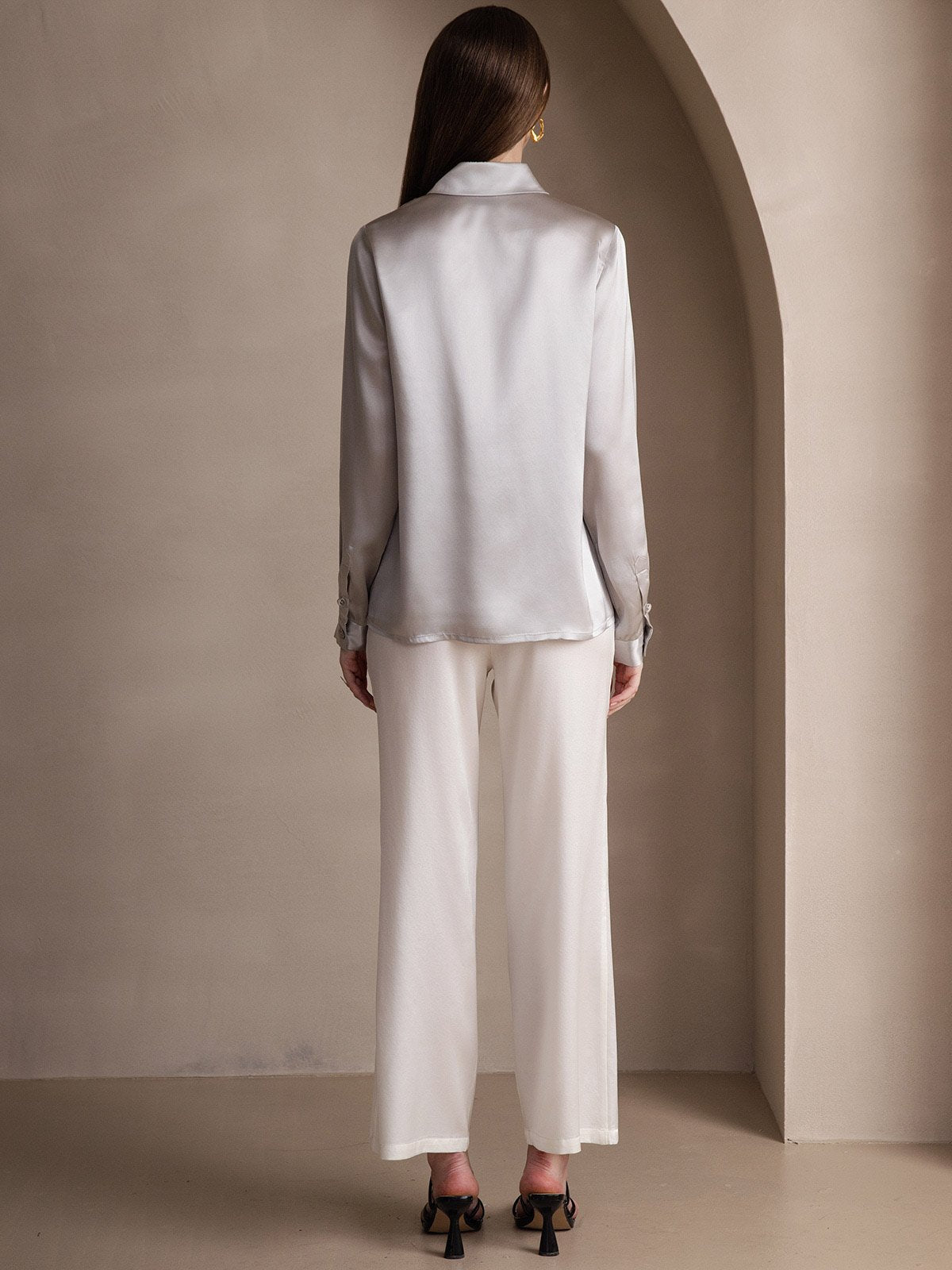 [Light Gray] SilkSilky-CA 19Momme Silk Long Sleeve Lapel Collar Women's Shirt 002