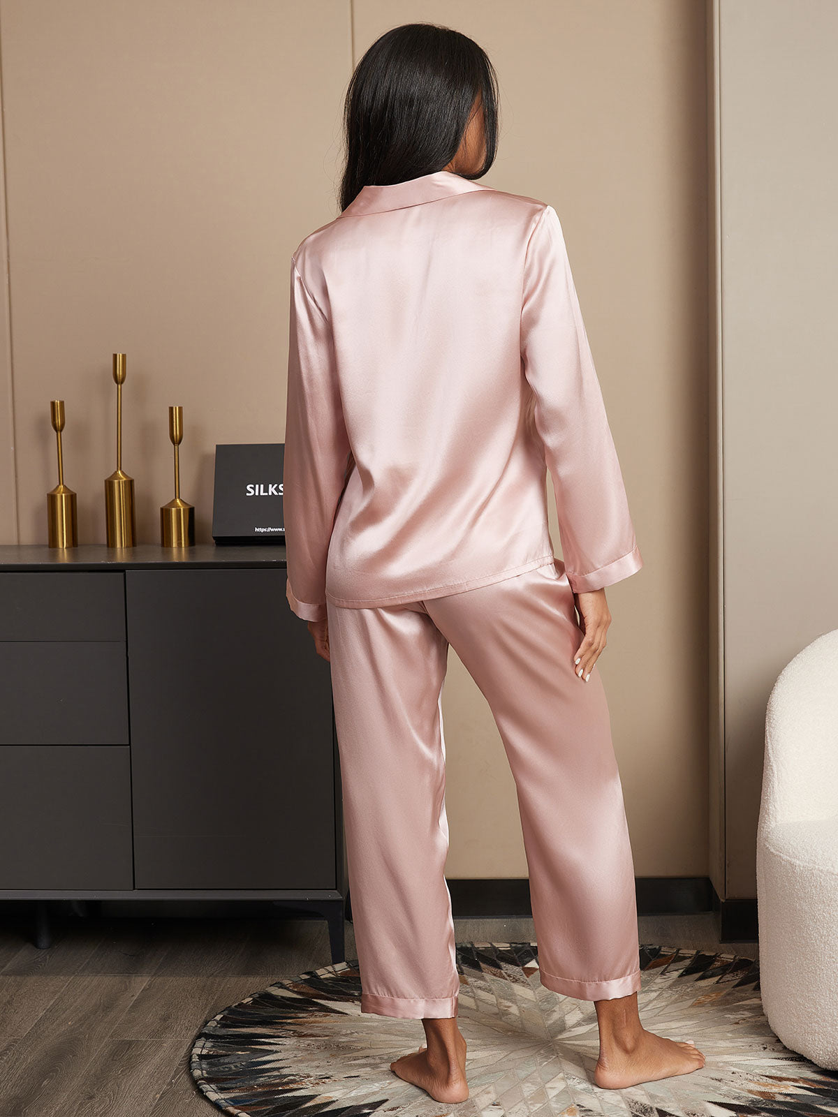 SilkSilky-CA Pure Silk Long Sleeve Lapel Women's Pajamas Pink 002