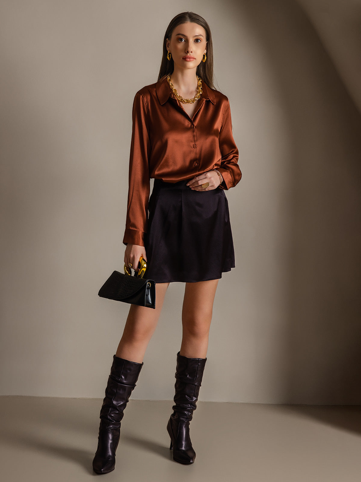 [Caramel] SilkSilky-CA Silk Long Sleeve Lapel Collar Women's Shirt 008