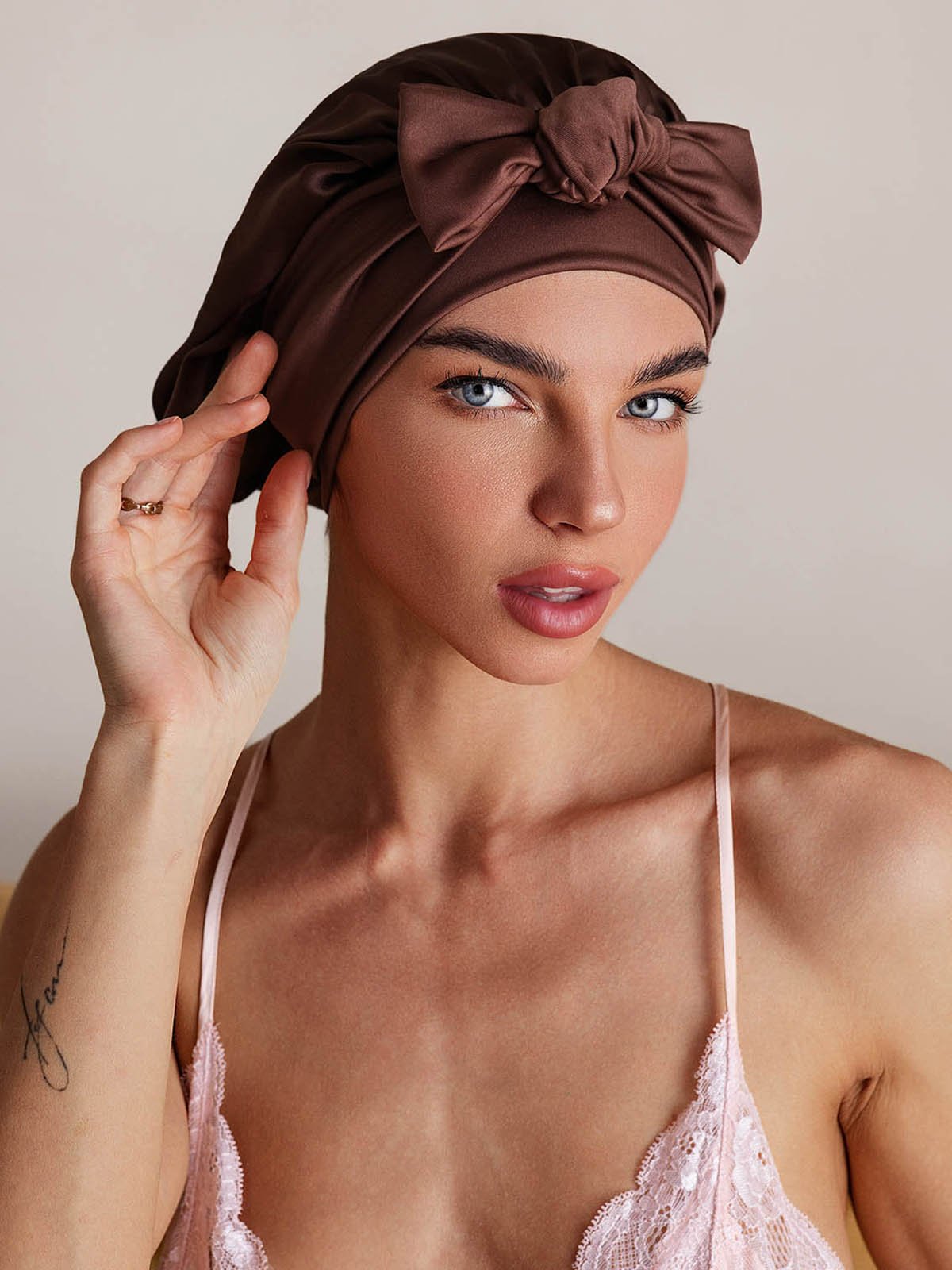 SilkSilky-CA Pure Silk Sleep Cap Coffee 003