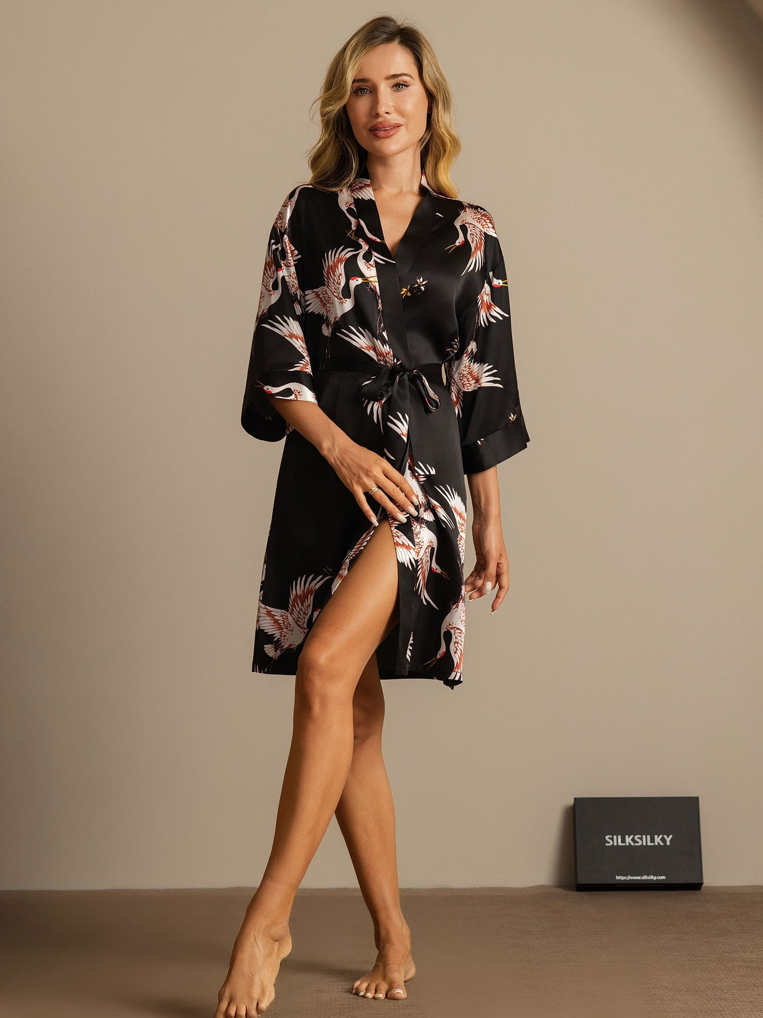 [Black] SilkSilky-CA 19Momme Pure Silk Wrap Women's Robe 003